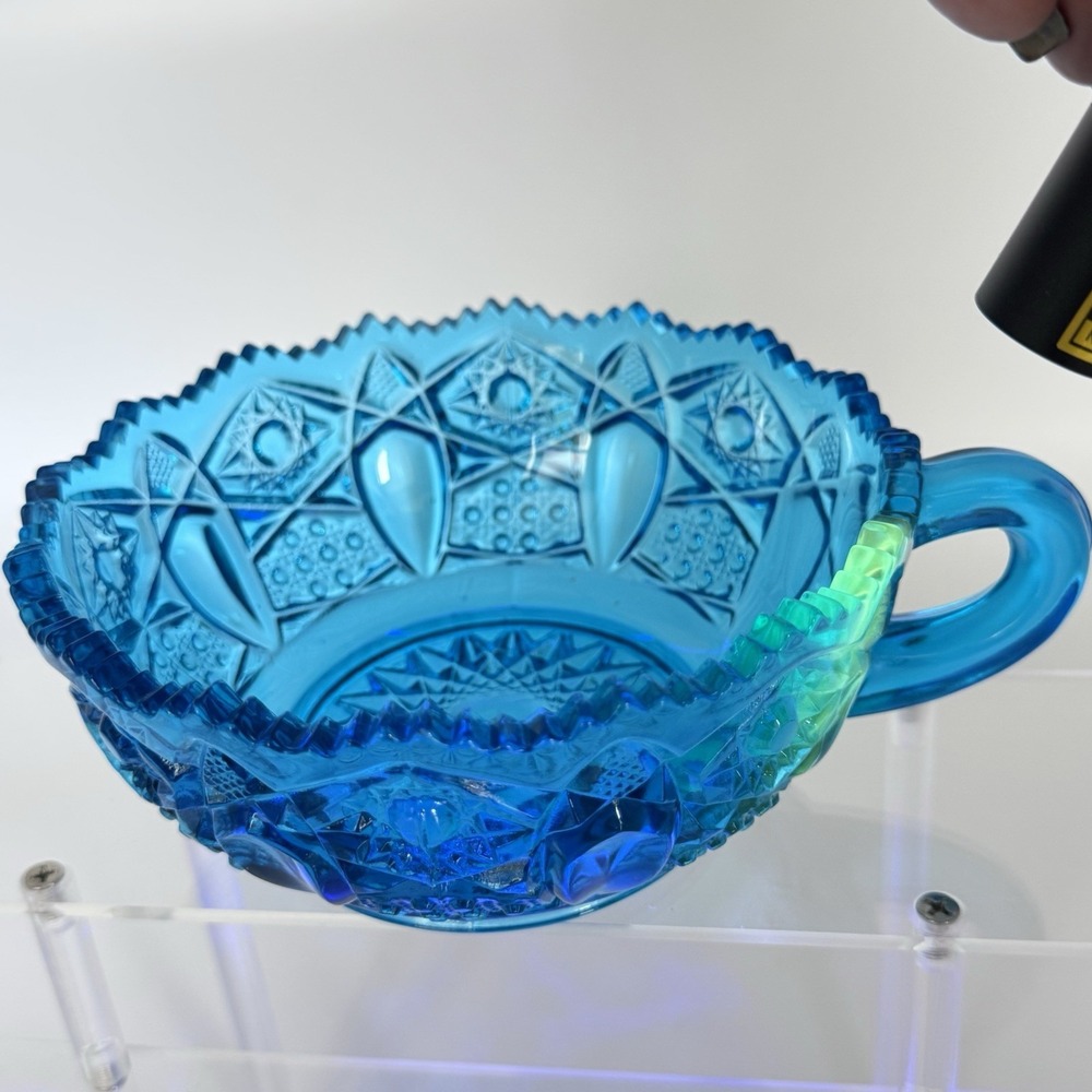 LE Smith UV+ Quintec Blue Nappy Bowl Glass Handle CandyDish Sawtooth CottageCore